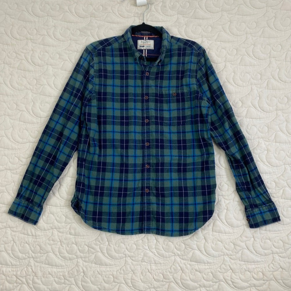 On The Road Mens Green Blue Plaid Slim Fit Flannel Button Down Shirt Size 42/L